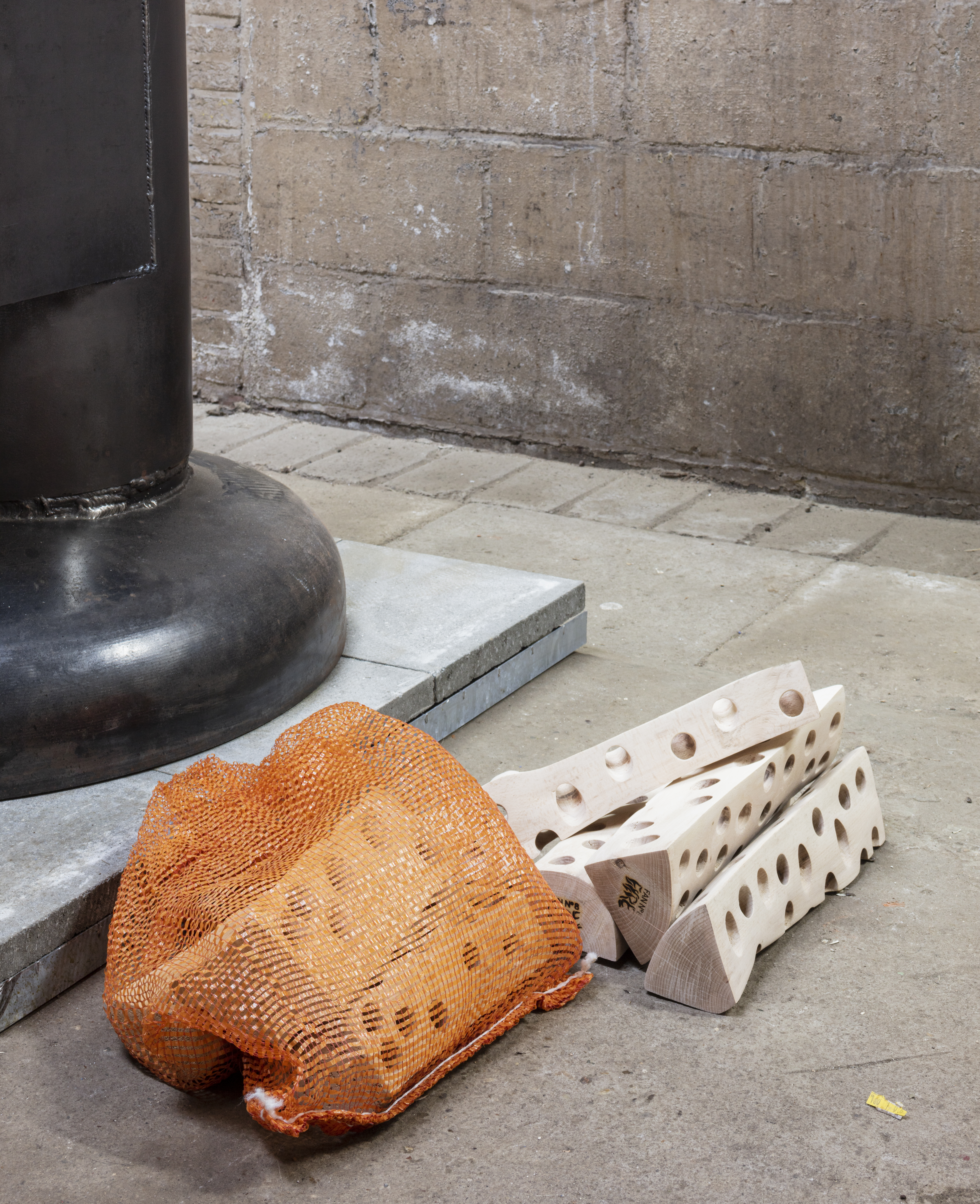 Marcel Strauß, *Jet Wood*, drilled beech wood, 33cm × various dimensions