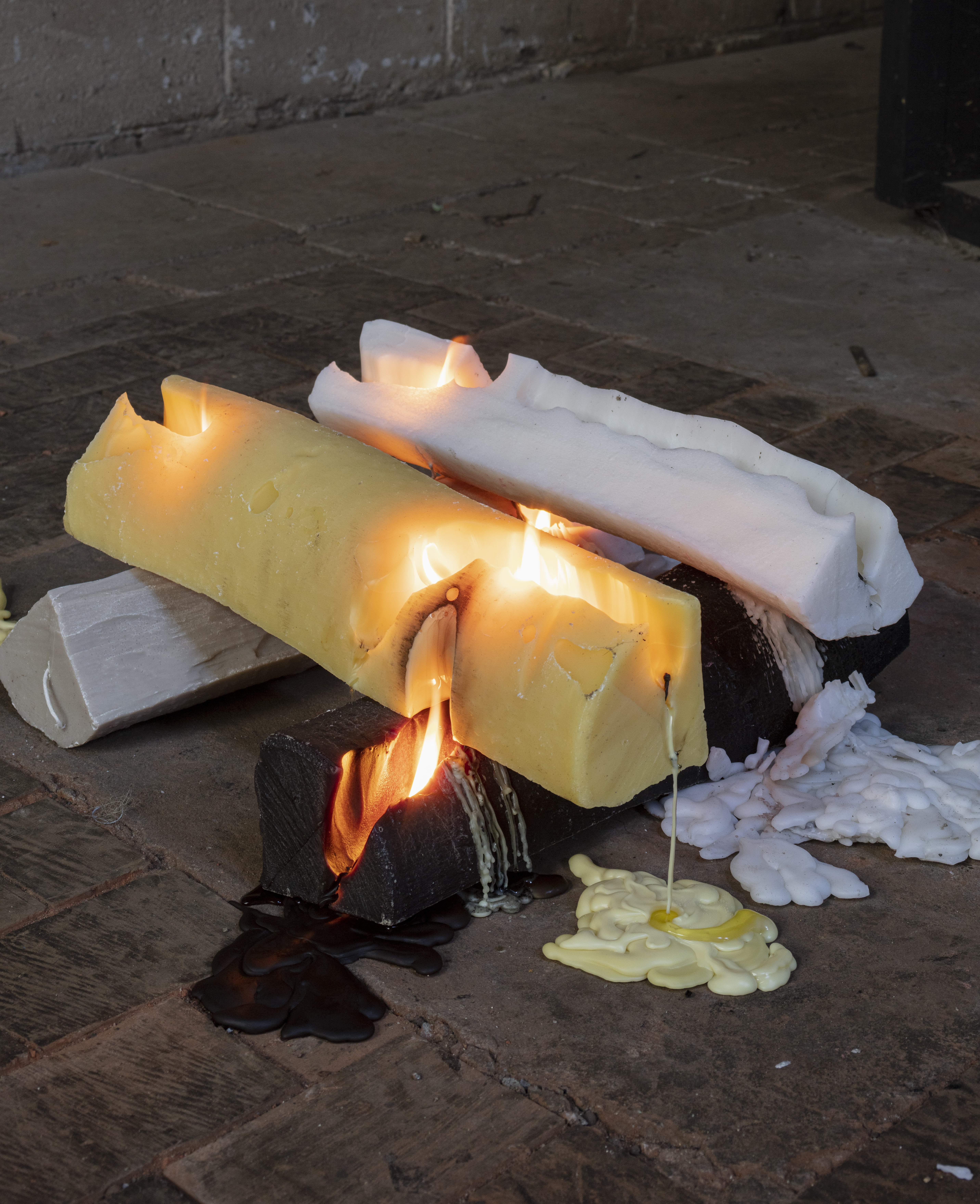 Oliver-Selim Boualam, *Log Candle*, mixed wax, beeswax, 5 pieces, 45×13×10cm