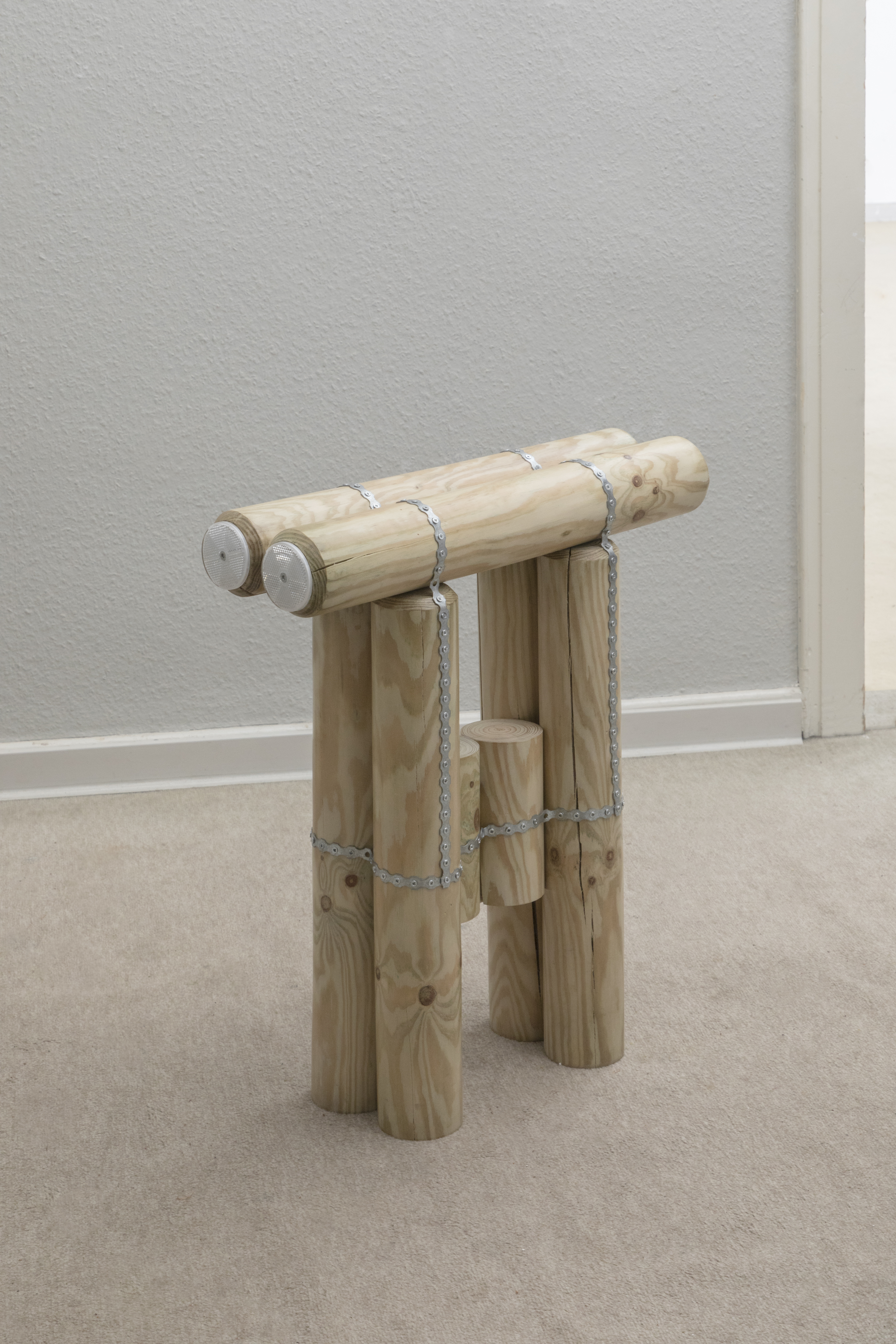 Lisa Ertel, *Pole Stool*, pine wood, galvanized steel, reflectors, 50×50×16cm