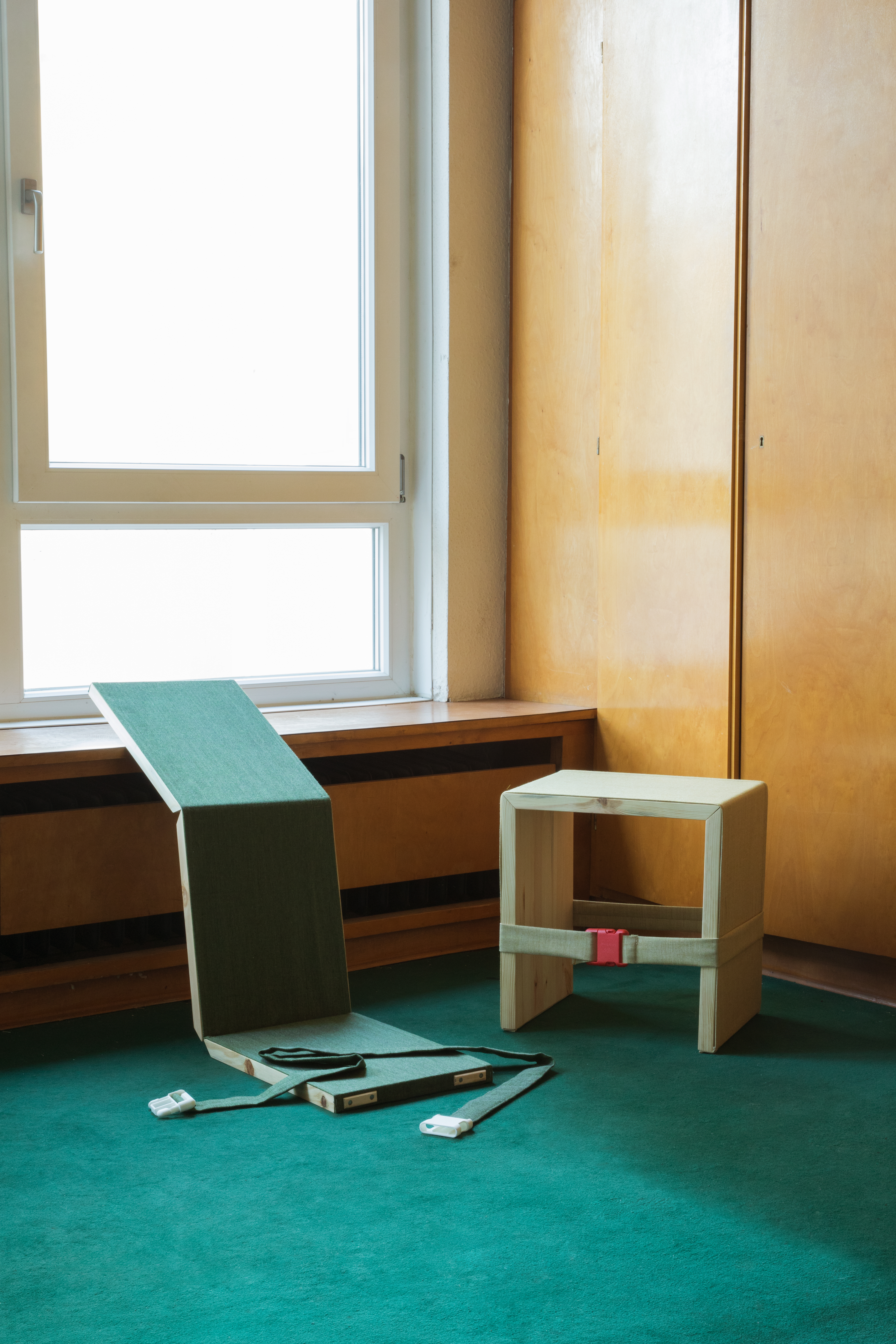 Clemens Lauer, *Karlsruher Hocker*, fabric, pine, buckle, 43×40×30cm